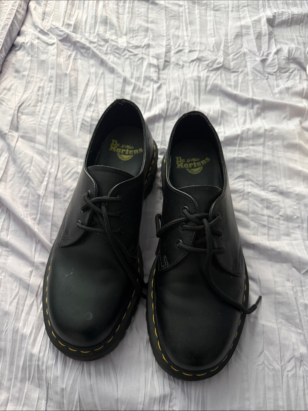 Dr. Martens Black Leather 3-Eye Oxford with Yellow Stitching